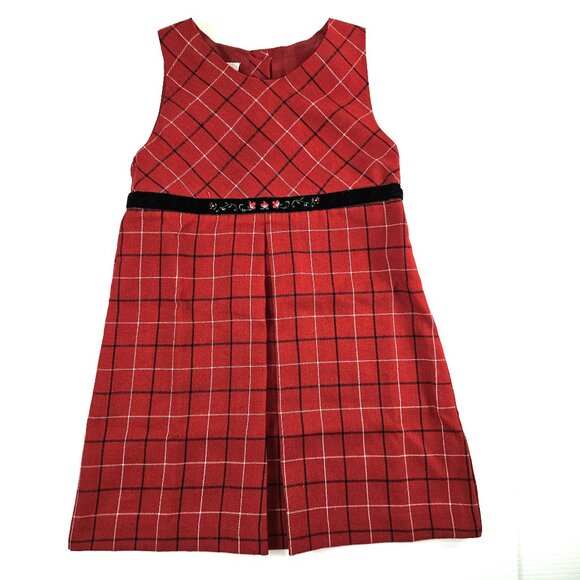 OshKosh Dress Girls 5 Red Plaid Sleeveless Velvet Floral Trim Holiday Party - Picture 1 of 11